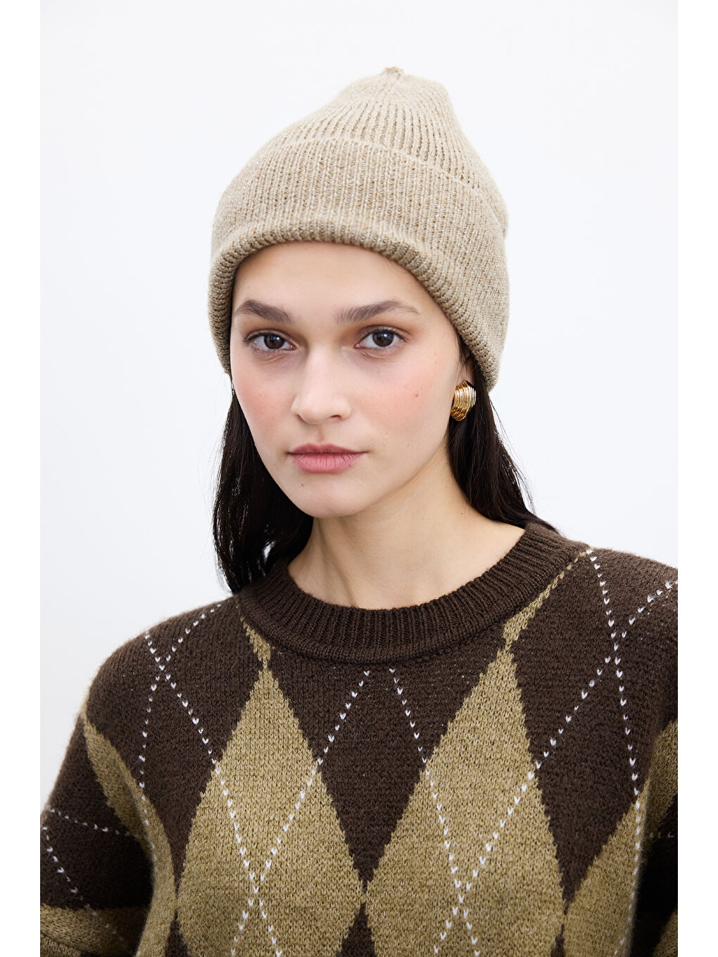 Bej Fitilli Örgü Bere Vizon-2