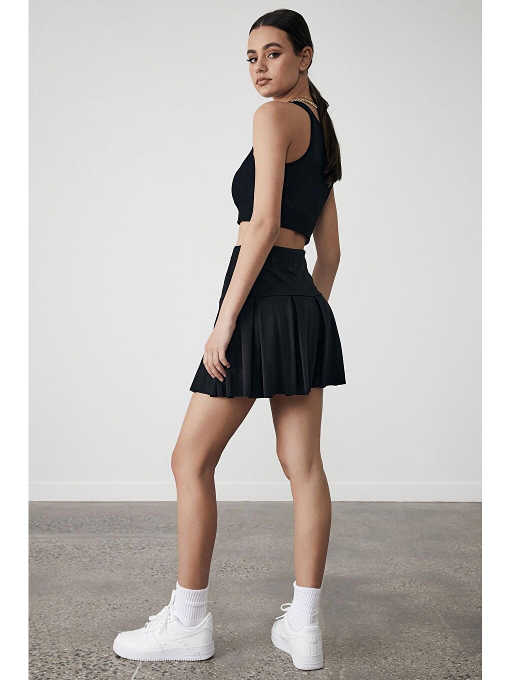 Kadın Siyah Basic Kısa Pileli Tenis Etek Mg1457-4