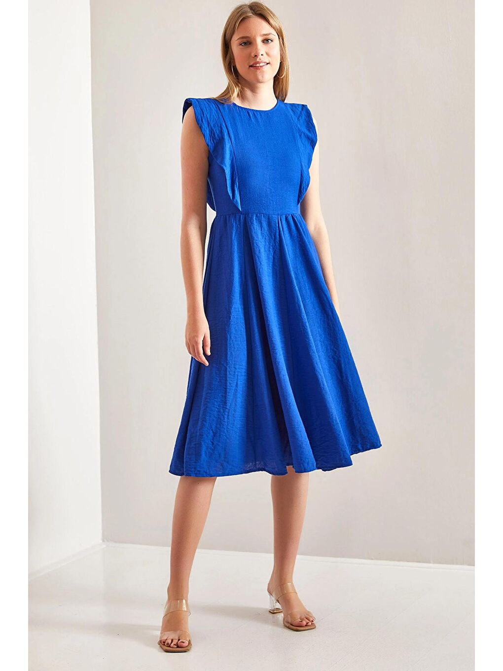 Mavi Kadın Yakası Fırfırlı Keten Elbise