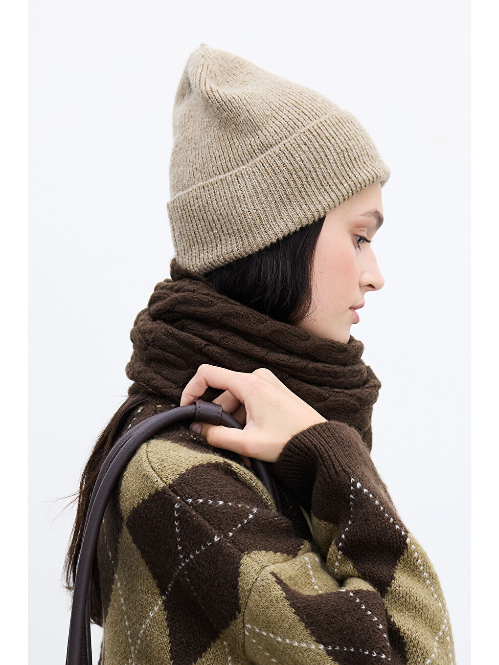 Bej Fitilli Örgü Bere Vizon-3