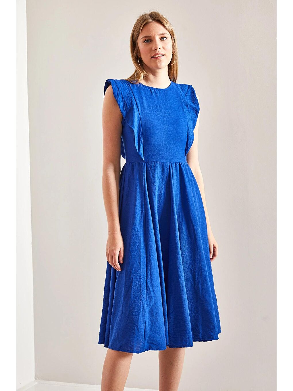 Mavi Kadın Yakası Fırfırlı Keten Elbise-1