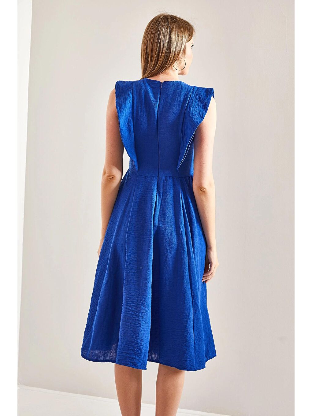 Mavi Kadın Yakası Fırfırlı Keten Elbise-2