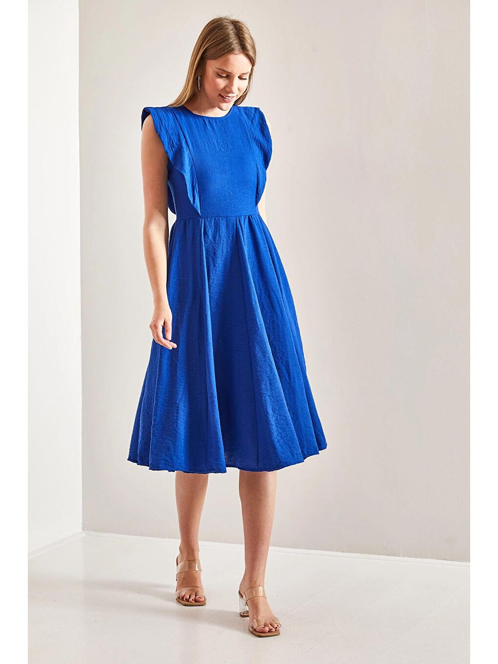 Mavi Kadın Yakası Fırfırlı Keten Elbise-3