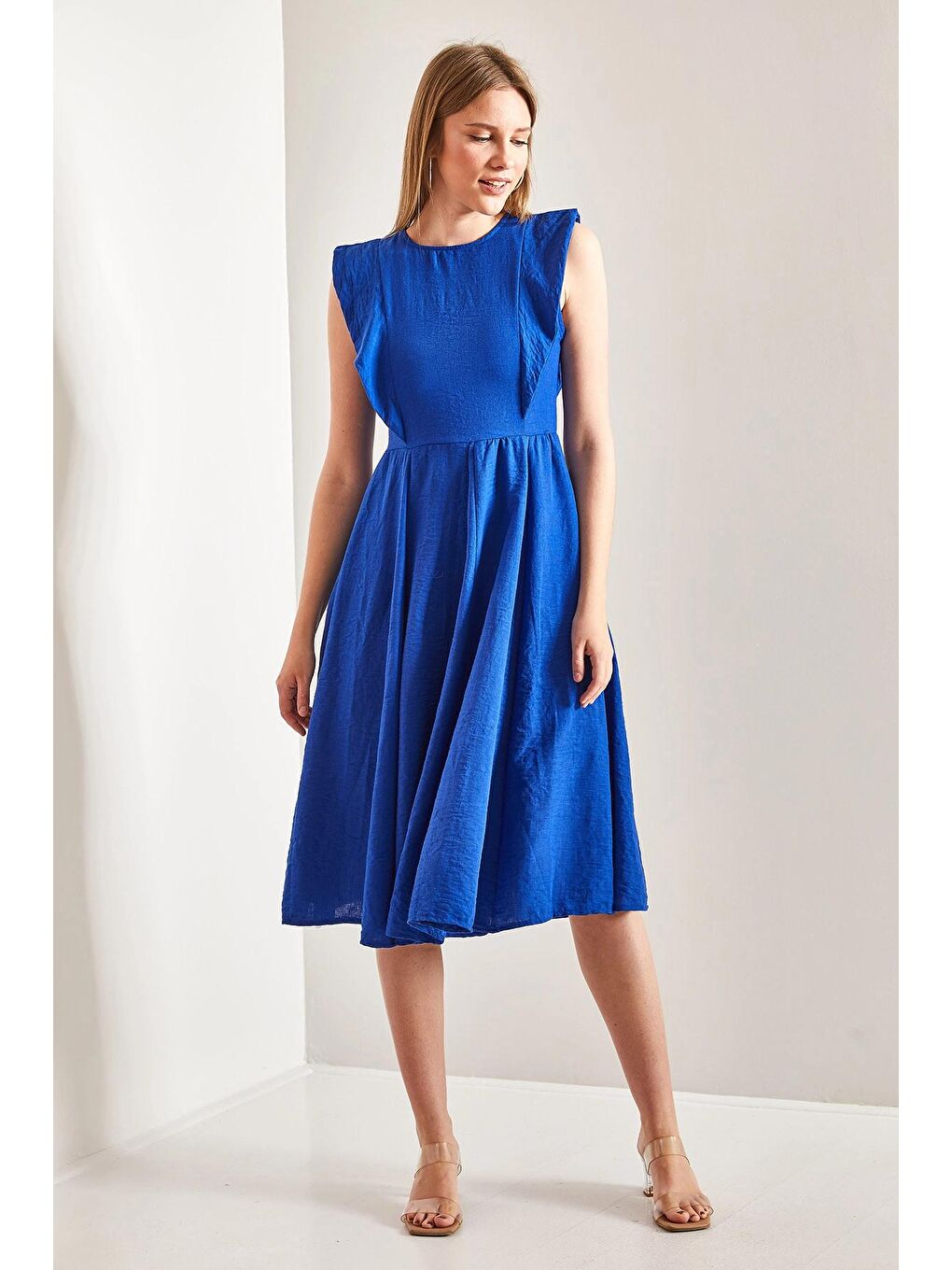 Mavi Kadın Yakası Fırfırlı Keten Elbise-4