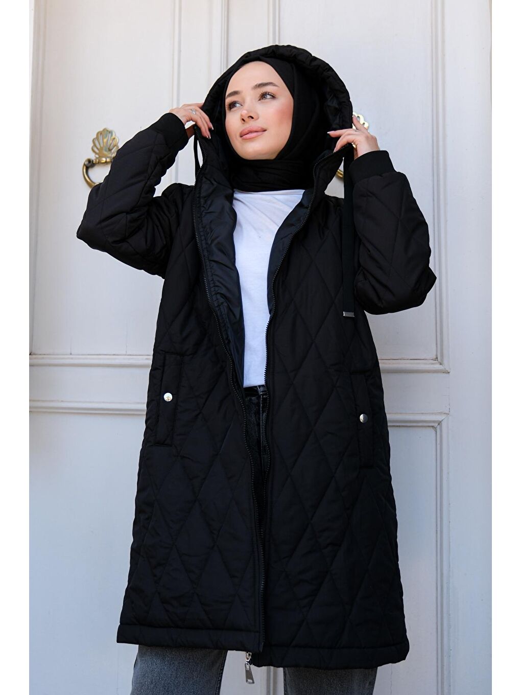 Baklava Desenli Kapişonlu Mont Siyah-2