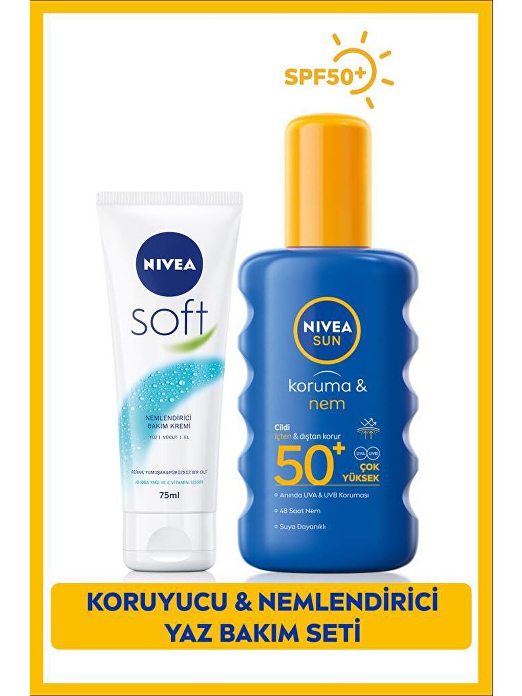 NIVEA Şeffaf Sun SPF 50+ Koruma & 48 Saat Nemlendirme Güneş Kremi 200 ml Sprey ve Soft 75 ml El Kremi