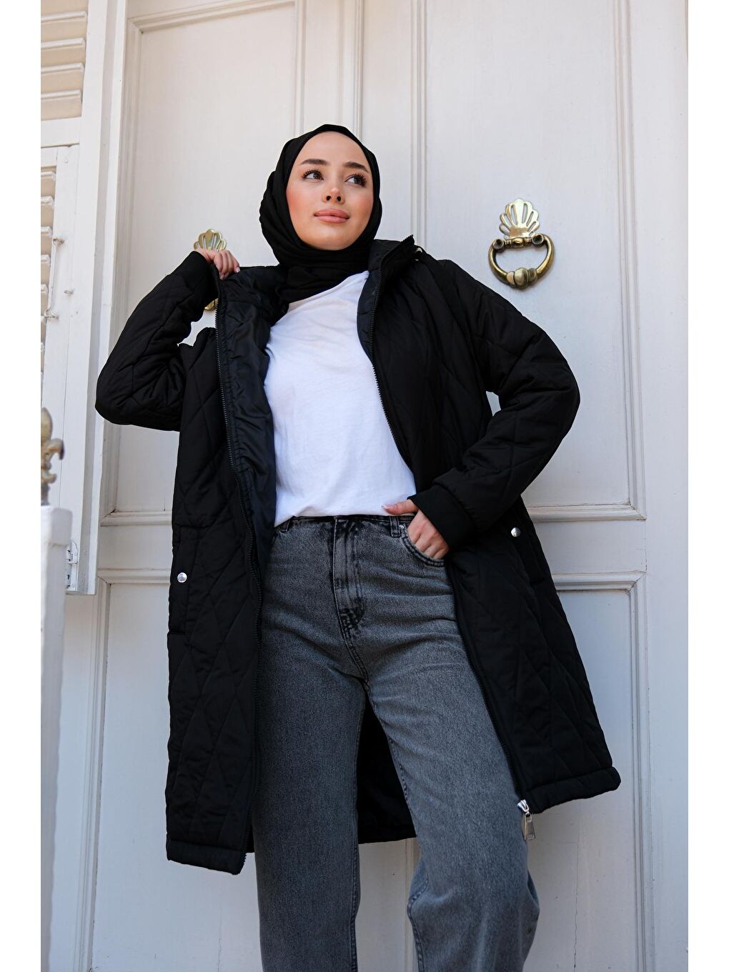 Baklava Desenli Kapişonlu Mont Siyah-3