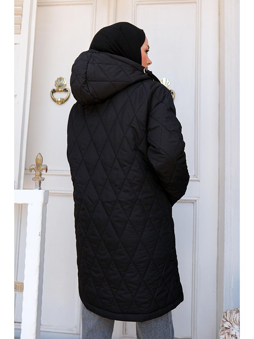 Baklava Desenli Kapişonlu Mont Siyah-4