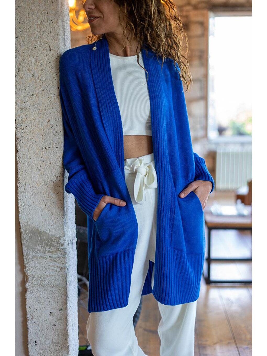 Mavi Kadın Saks Çift Cepli Hırka GK-CCK74000