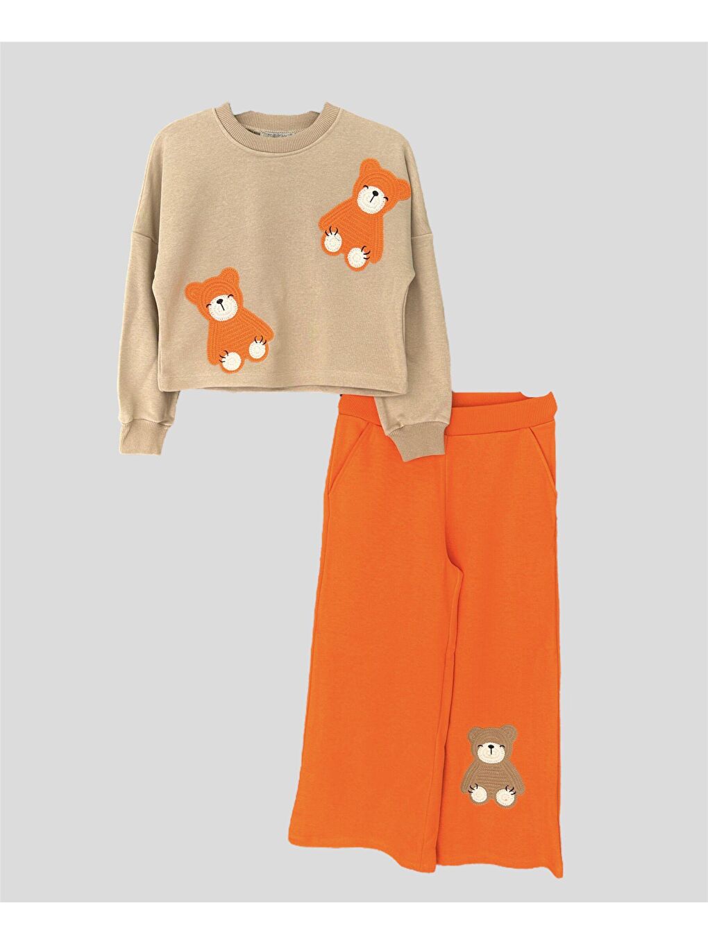 Turuncu Kız Çocuk Ayıcık İşlemeli Cepli Takım