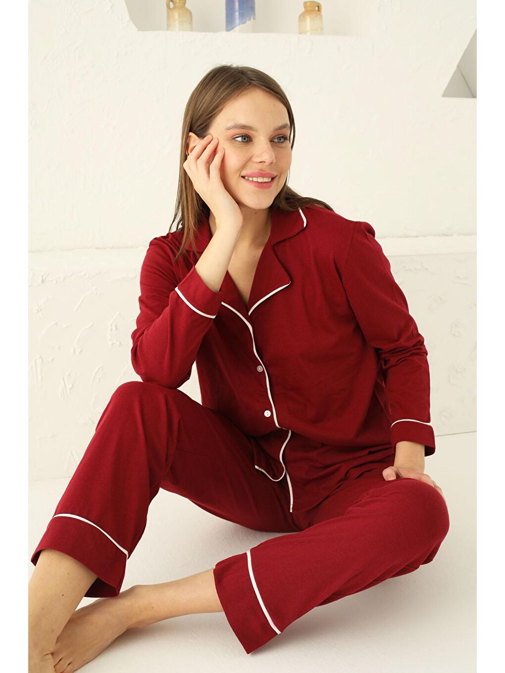 Siyah İnci Koyu Bordo Pamuklu Düğmeli Biyeli Pijama Takım