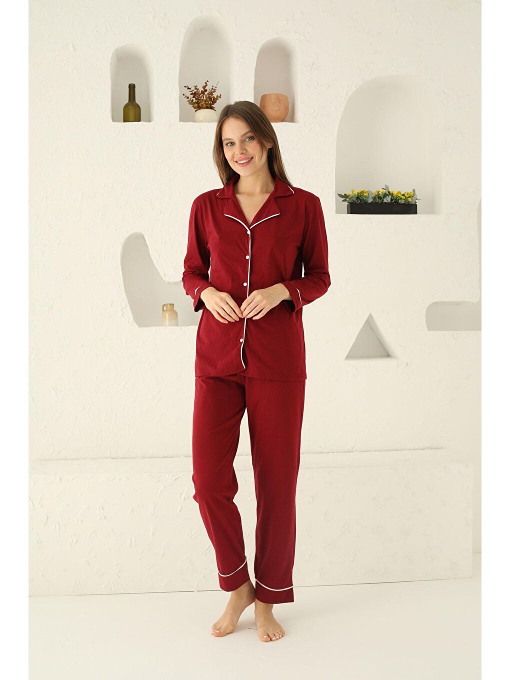 Siyah İnci Koyu Bordo Pamuklu Düğmeli Biyeli Pijama Takım - 1