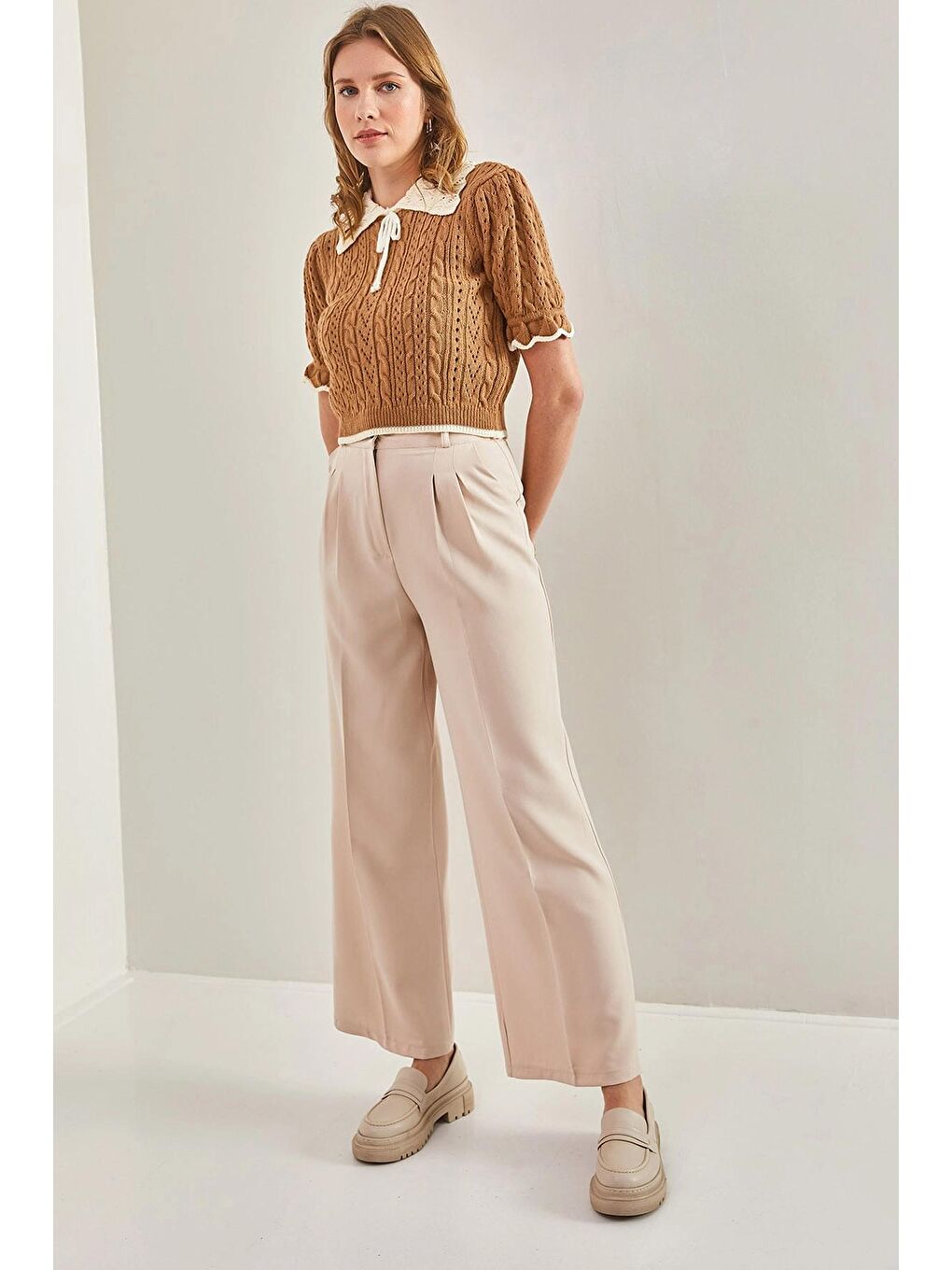 Bej Kadın Çift Çimalı Atlas Kumaş Palazzo Pantolon