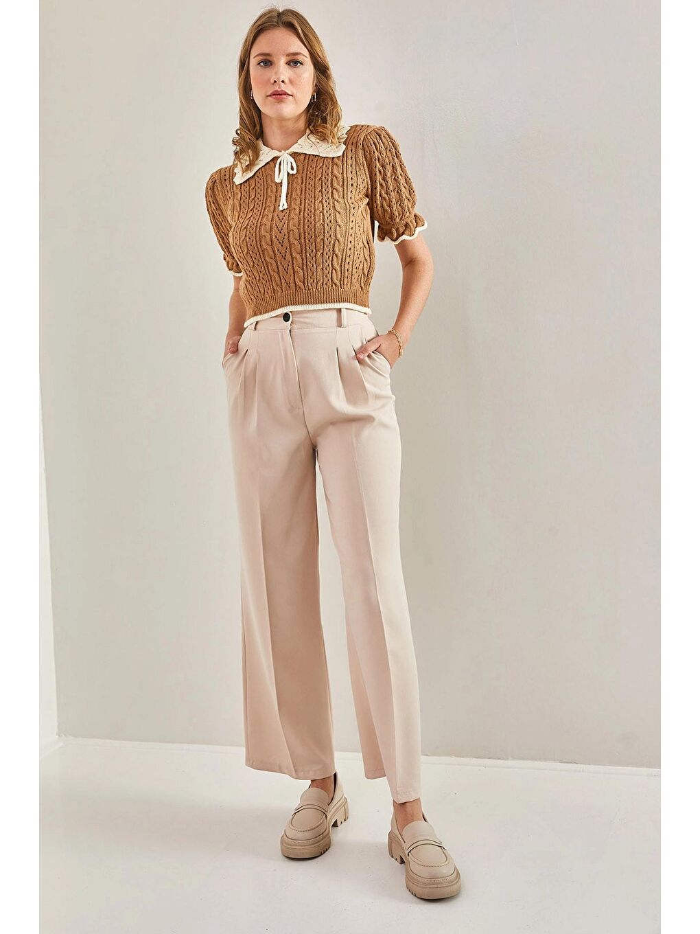 Bej Kadın Çift Çimalı Atlas Kumaş Palazzo Pantolon-2