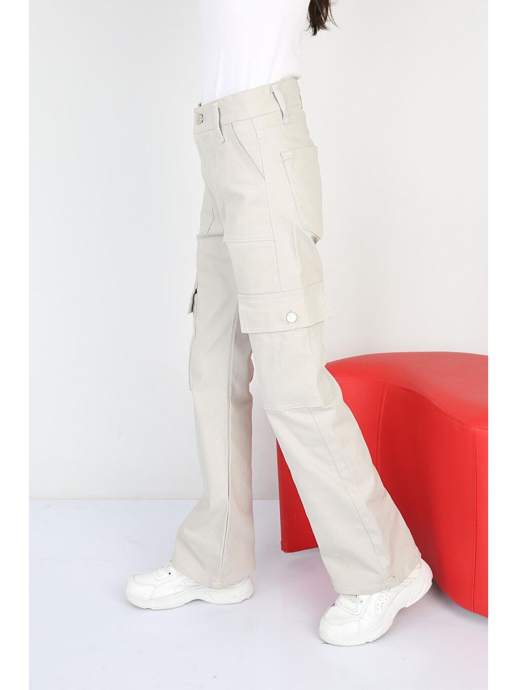 Gri Kız Çocuk İspanyol Paça Keten Kargo Pantolon