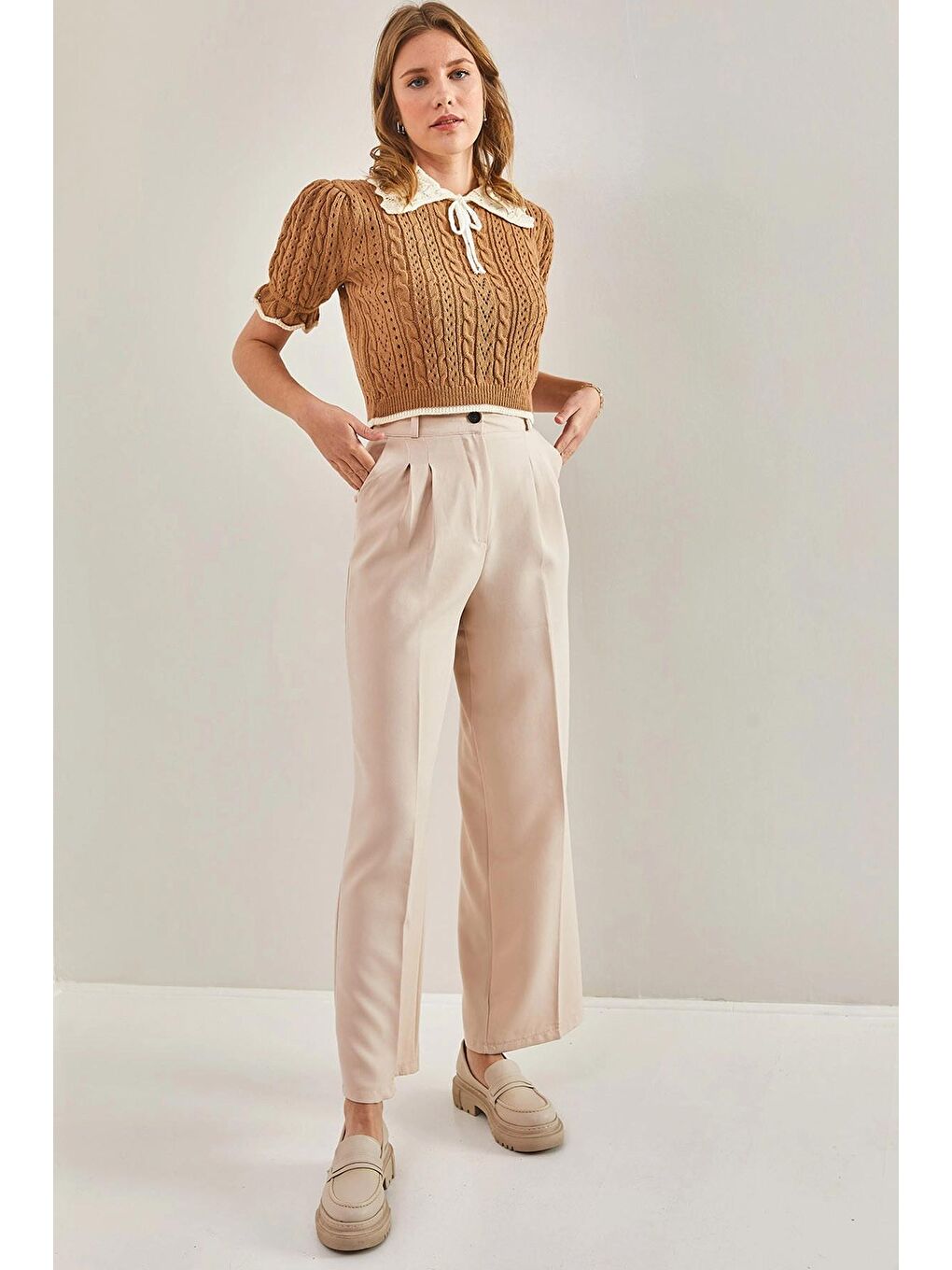 Bej Kadın Çift Çimalı Atlas Kumaş Palazzo Pantolon-3