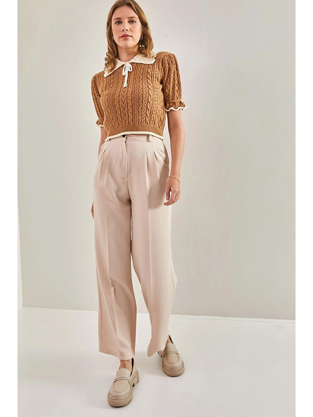 Bej Kadın Çift Çimalı Atlas Kumaş Palazzo Pantolon-4