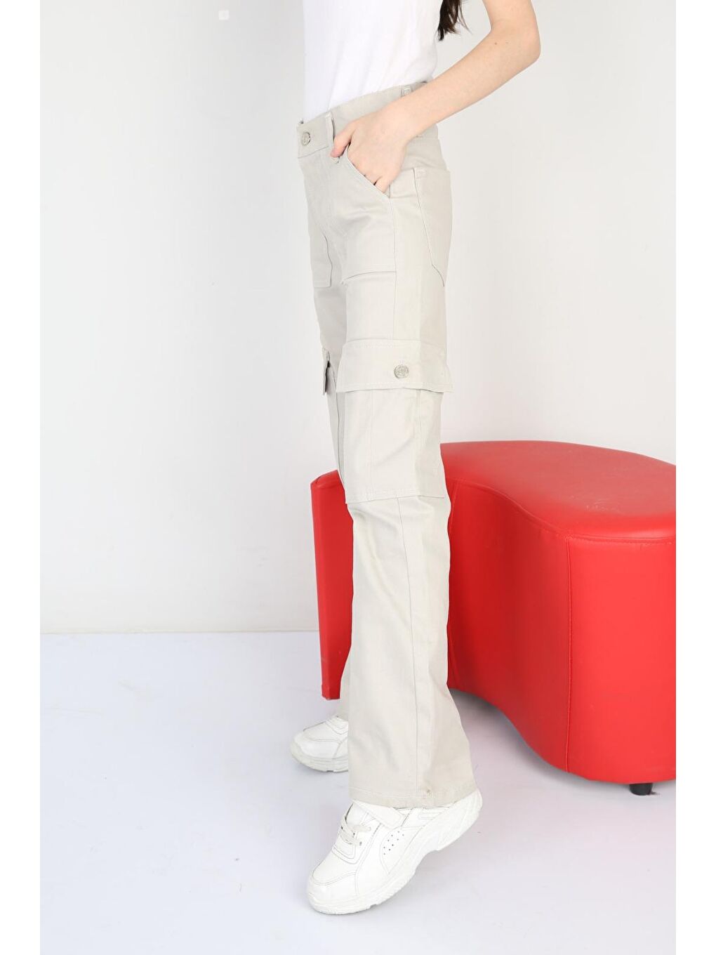 Gri Kız Çocuk İspanyol Paça Keten Kargo Pantolon-1