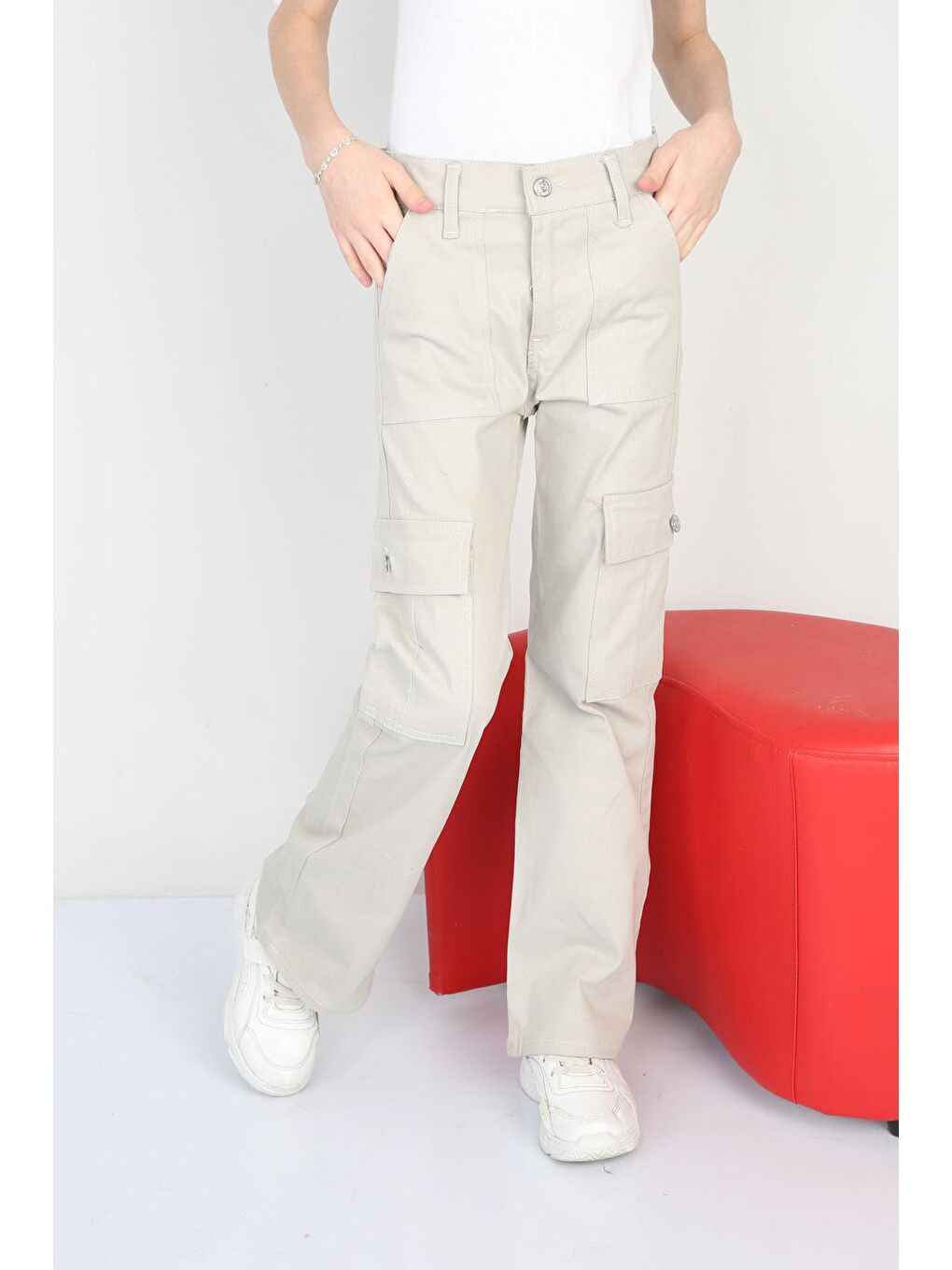 Gri Kız Çocuk İspanyol Paça Keten Kargo Pantolon-2