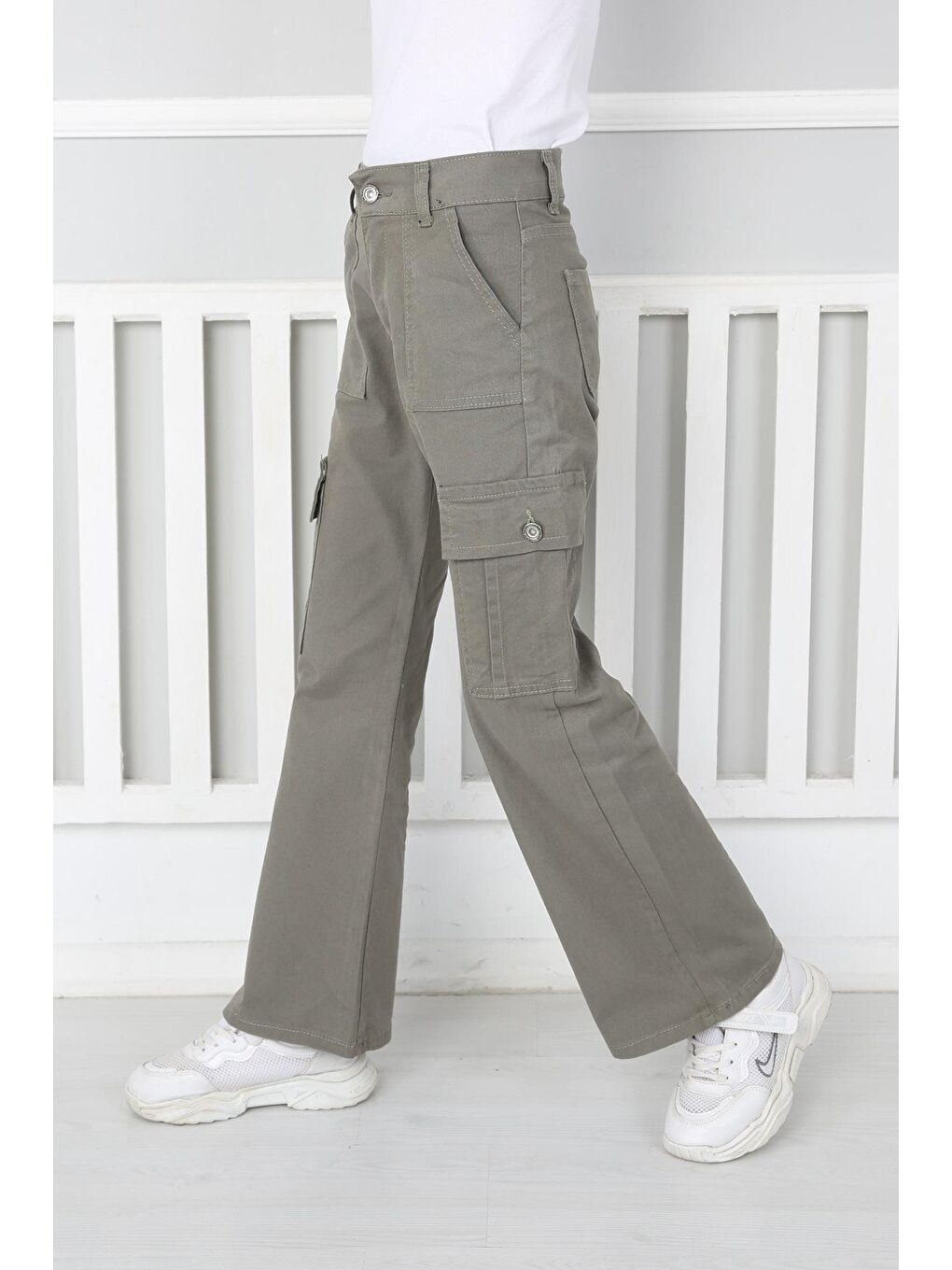 Antrasit Kız Çocuk İspanyol Paça Keten Kargo Pantolon