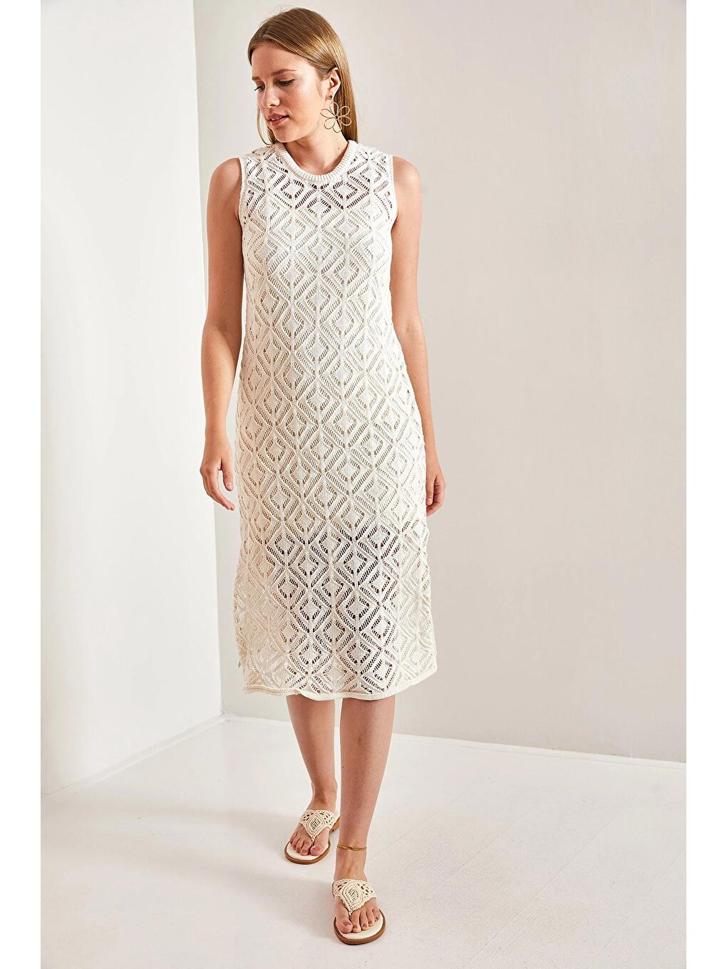 Ekru Kadın Kare Desenli Triko Elbise