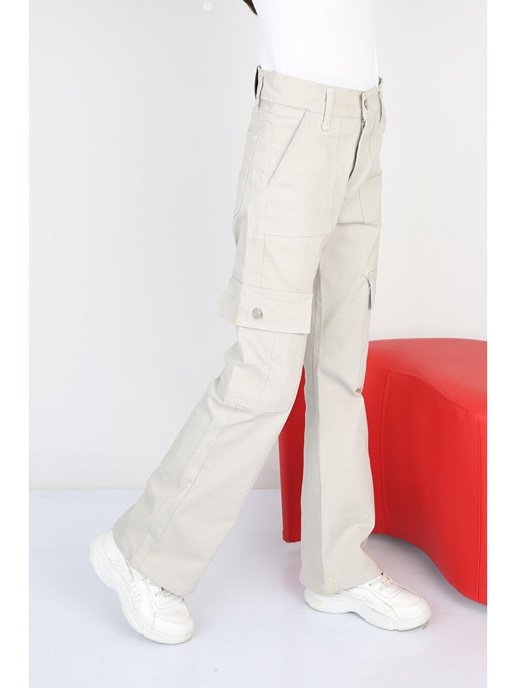 Gri Kız Çocuk İspanyol Paça Keten Kargo Pantolon-4