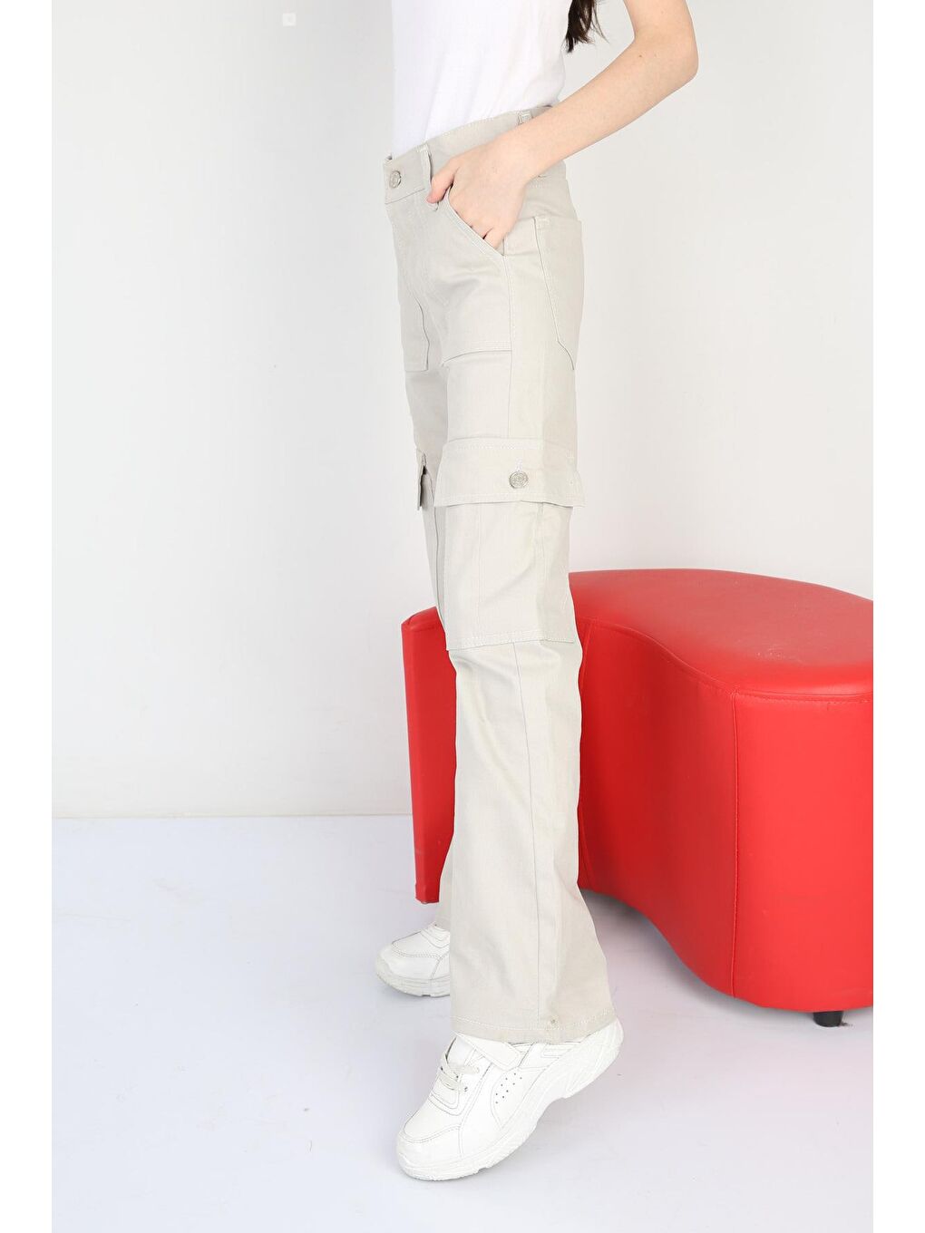 Gri Kız Çocuk İspanyol Paça Keten Kargo Pantolon-5