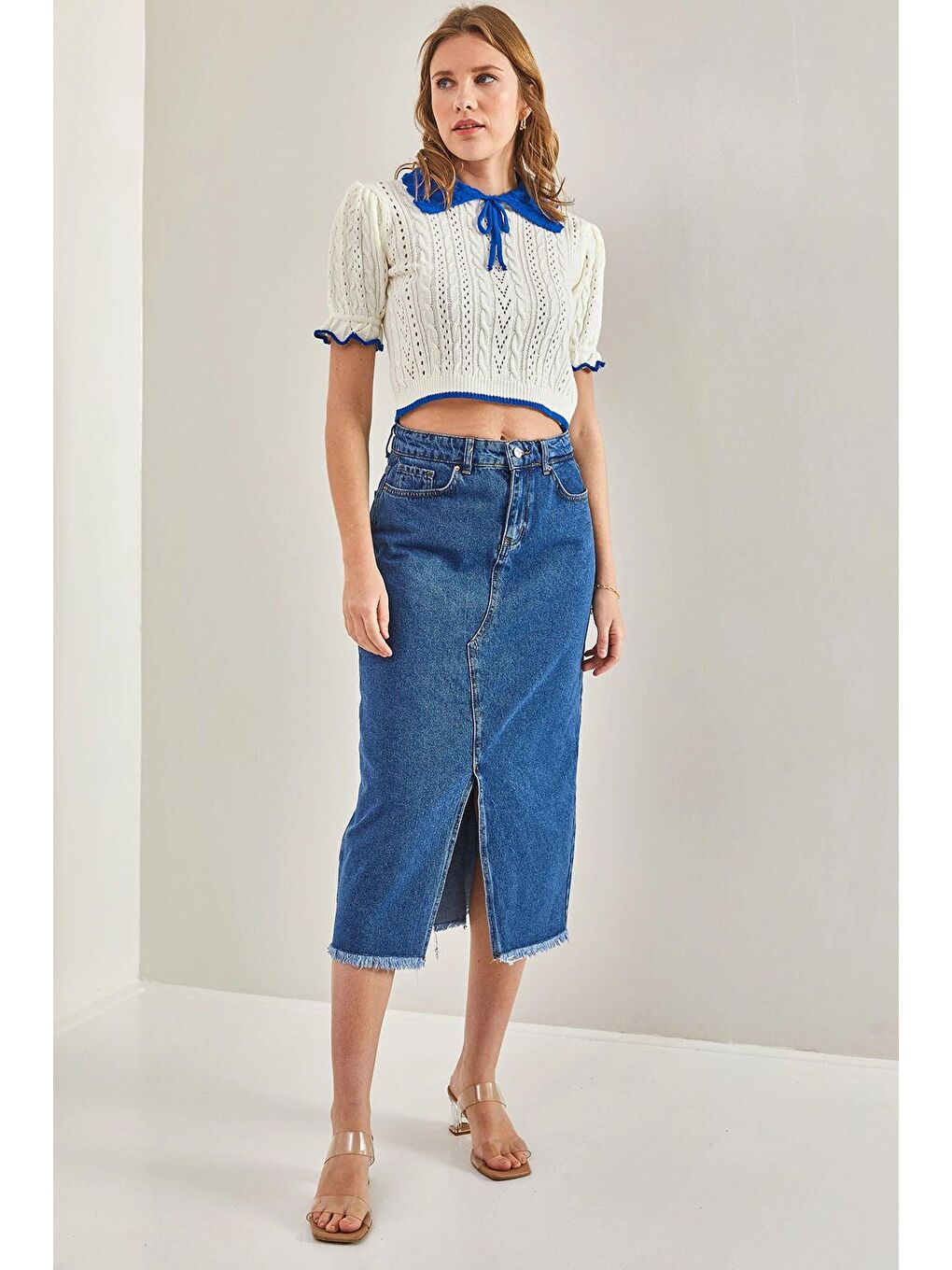 Mavi Kadın Lazer Kesim Yırtmaçlı Etek-4