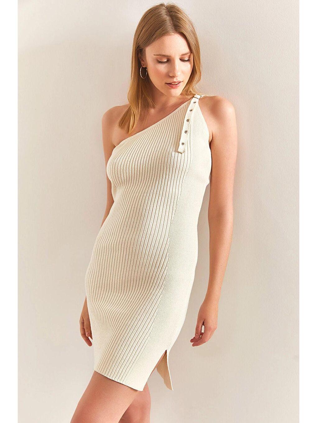 Ekru Kadın Omzu Kemerli Fitilli Triko Elbise-1