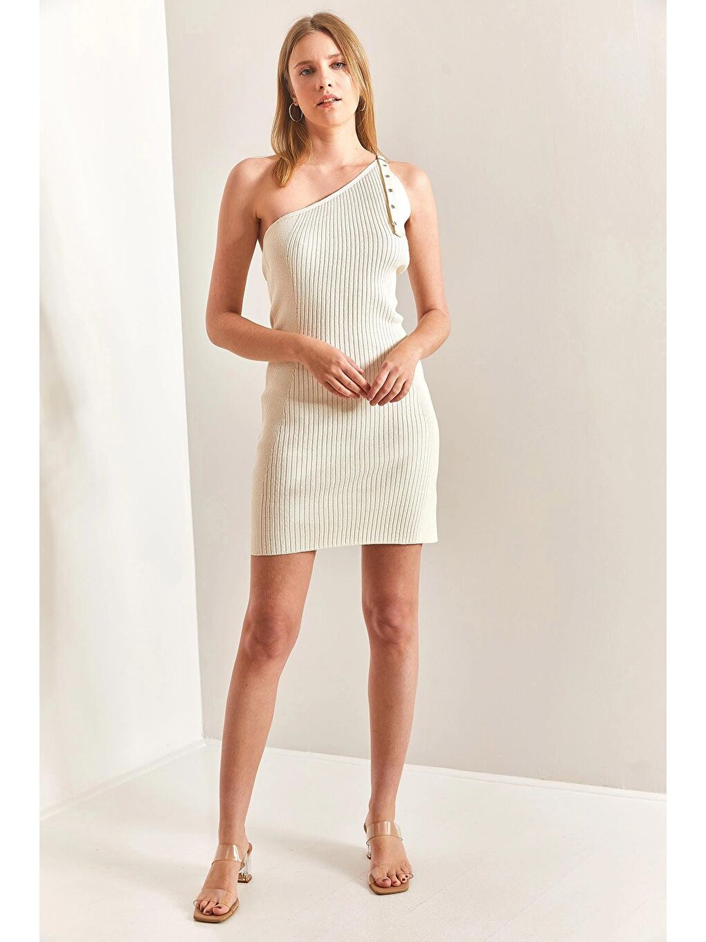 Ekru Kadın Omzu Kemerli Fitilli Triko Elbise-4