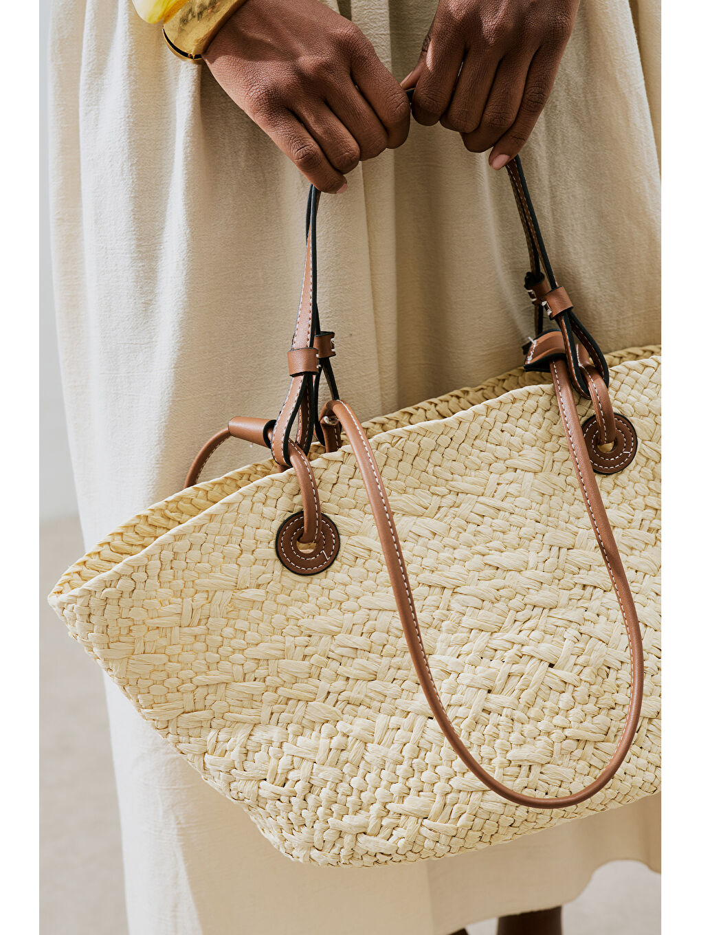 Deri Askılı Hasır Çanta Bej-1