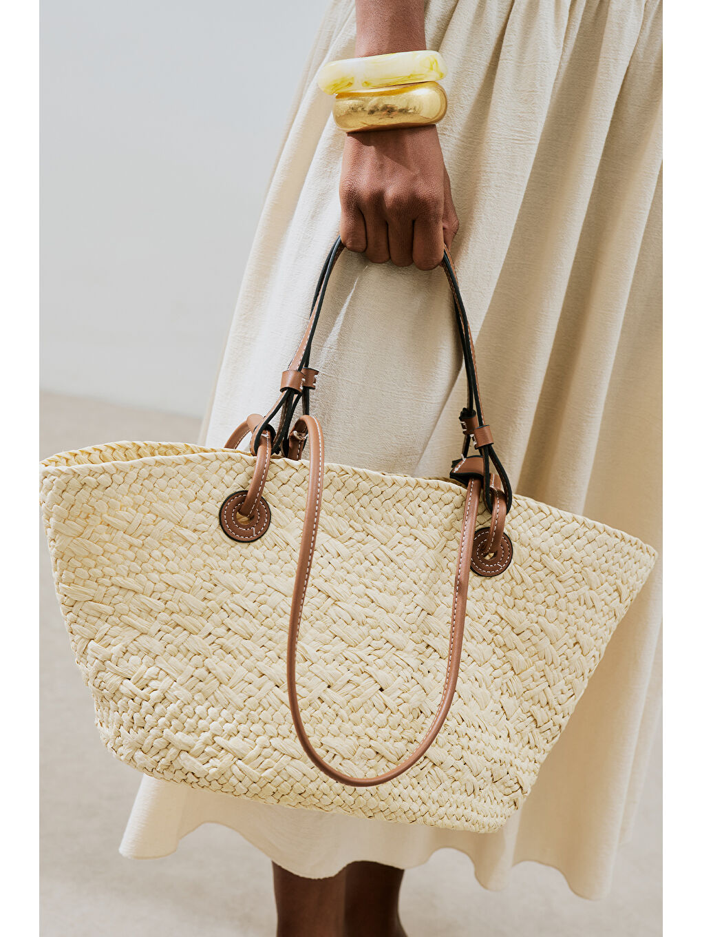 Deri Askılı Hasır Çanta Bej-2