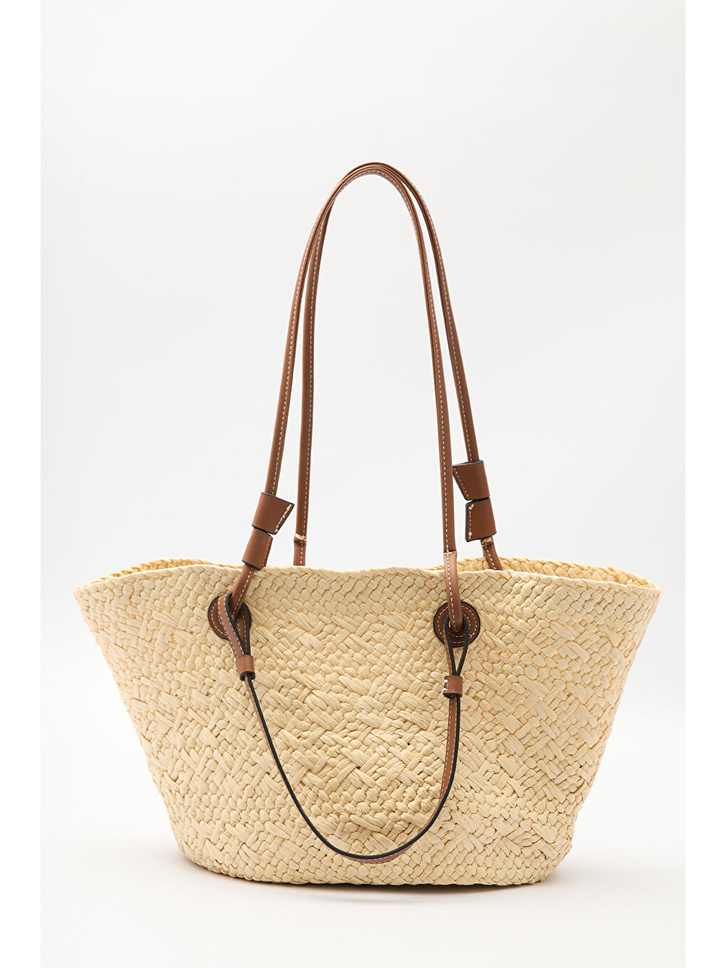 Deri Askılı Hasır Çanta Bej-3