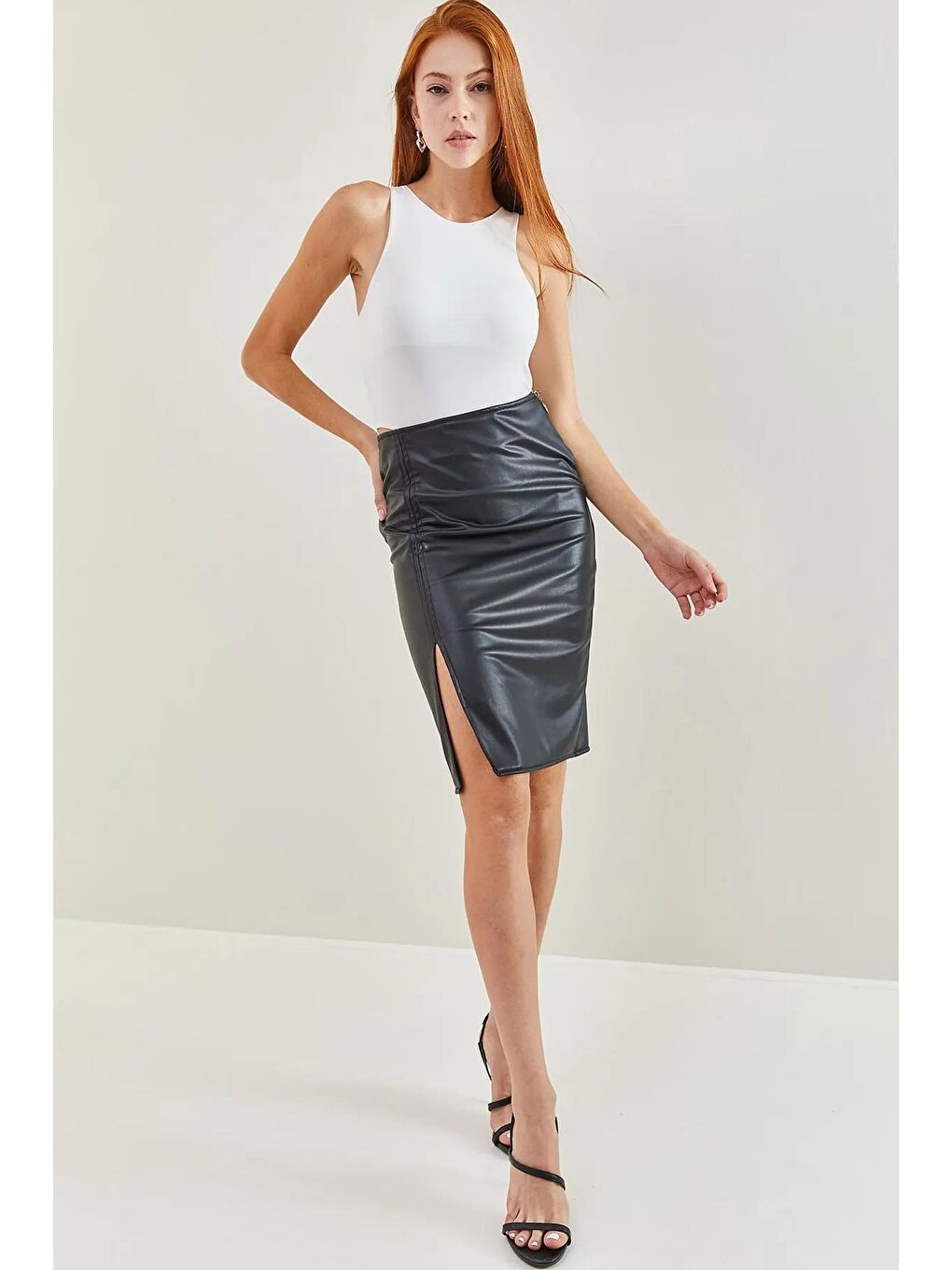 Siyah Kadın Deri Kalem Fermuarlı Etek 1725-1