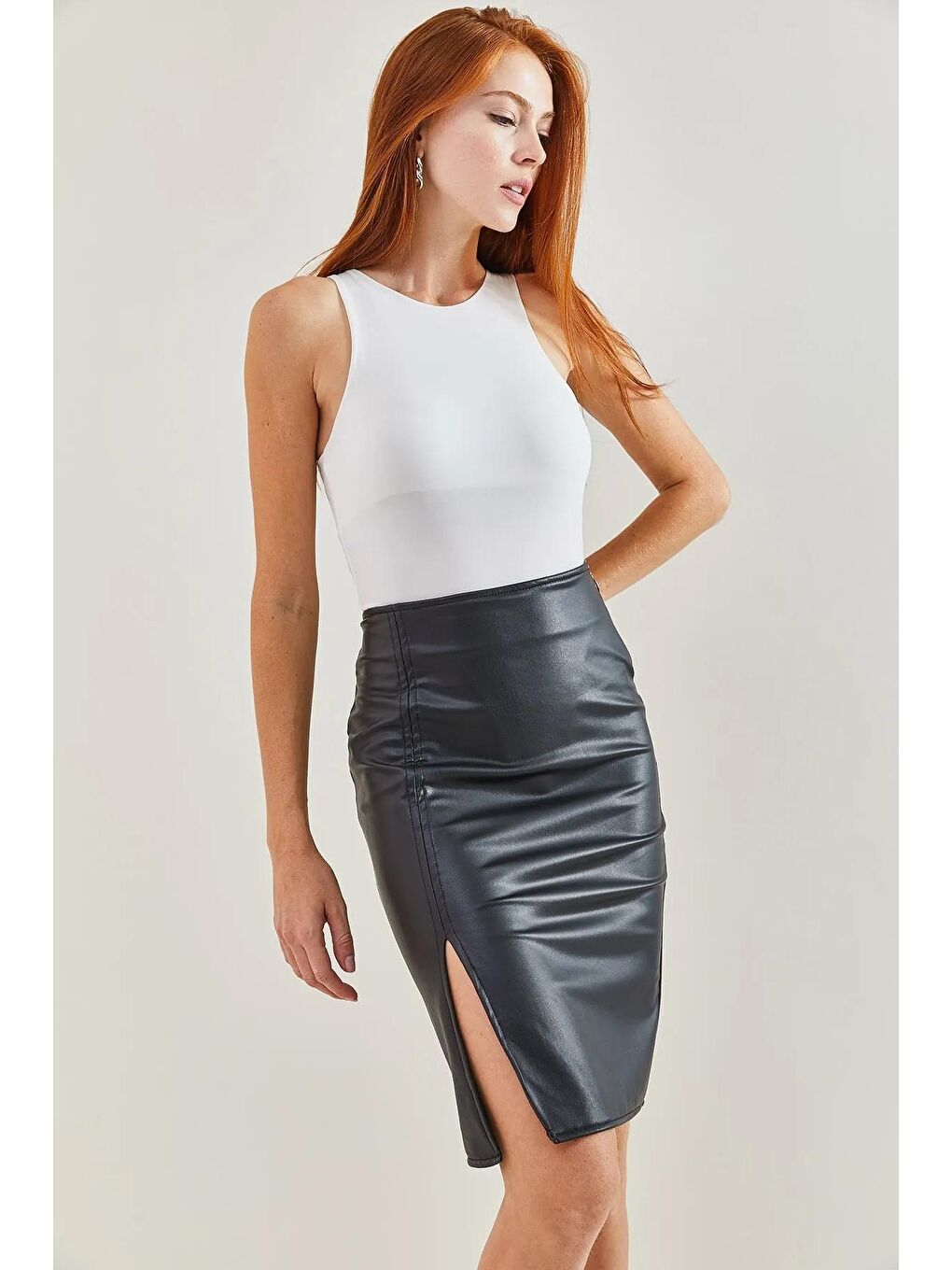 Siyah Kadın Deri Kalem Fermuarlı Etek 1725-2