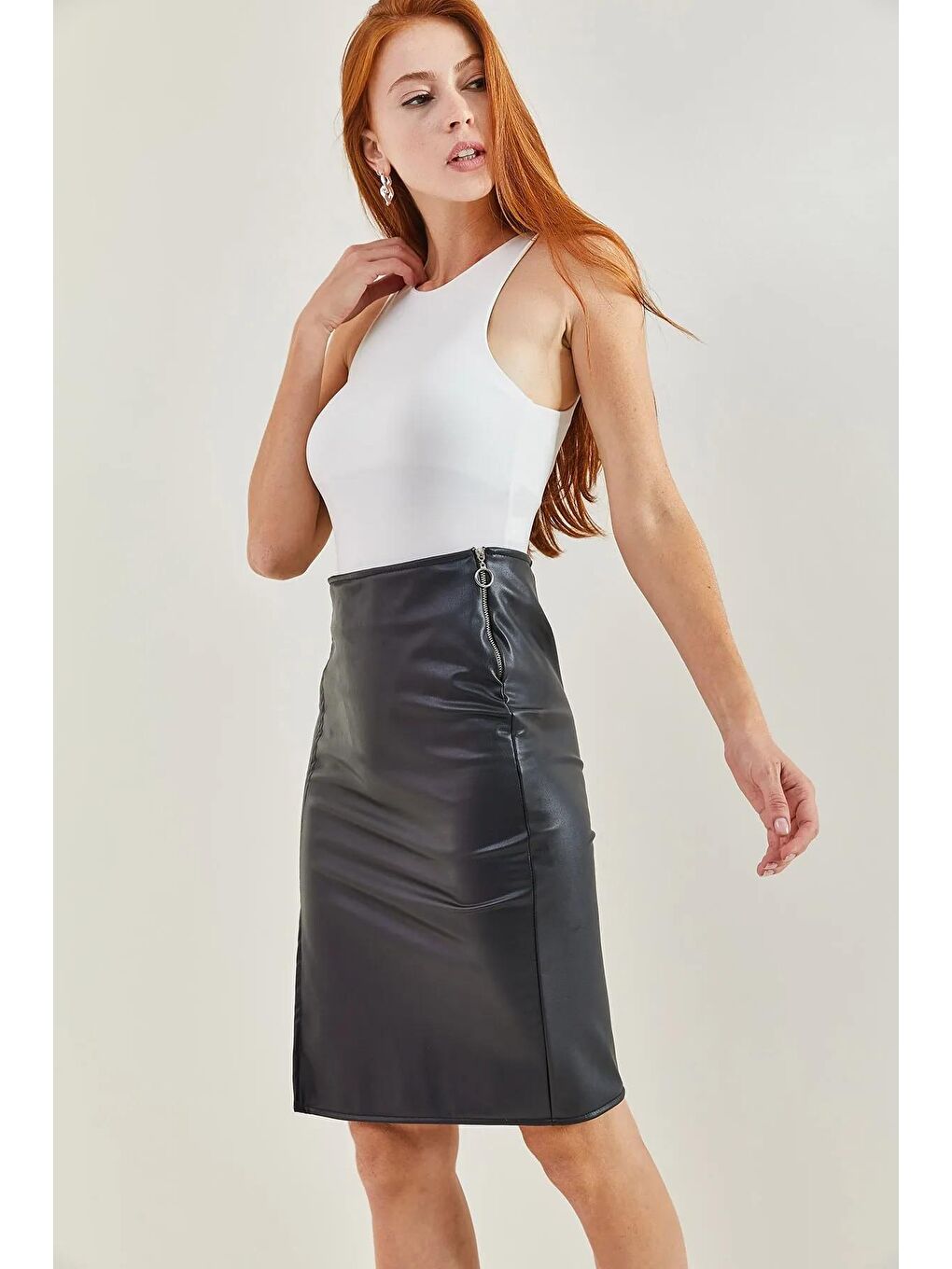 Siyah Kadın Deri Kalem Fermuarlı Etek 1725-3