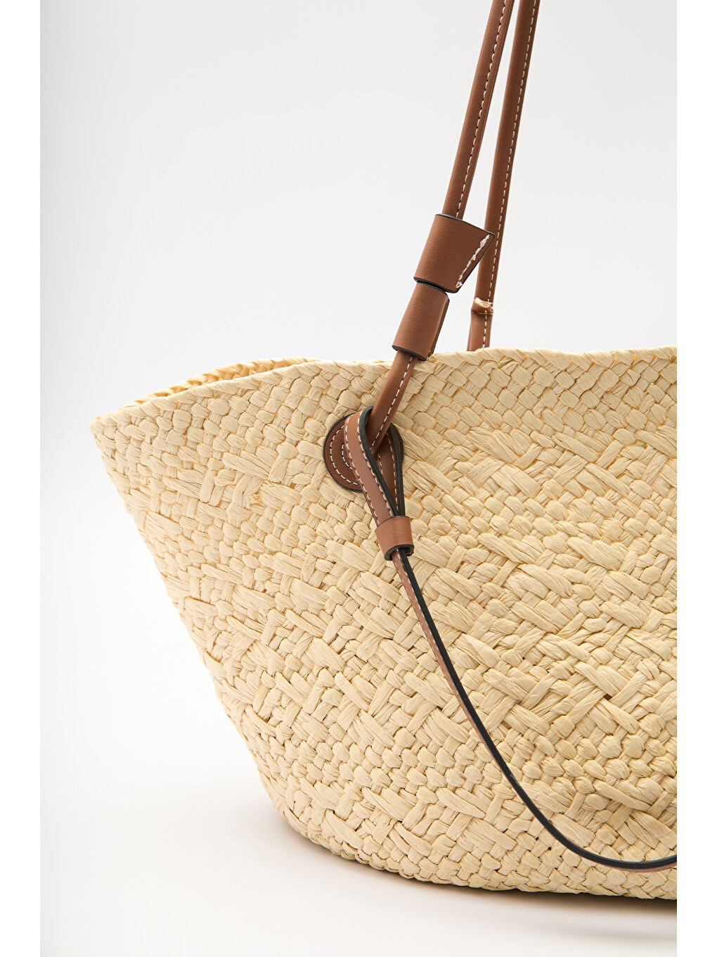 Deri Askılı Hasır Çanta Bej-4