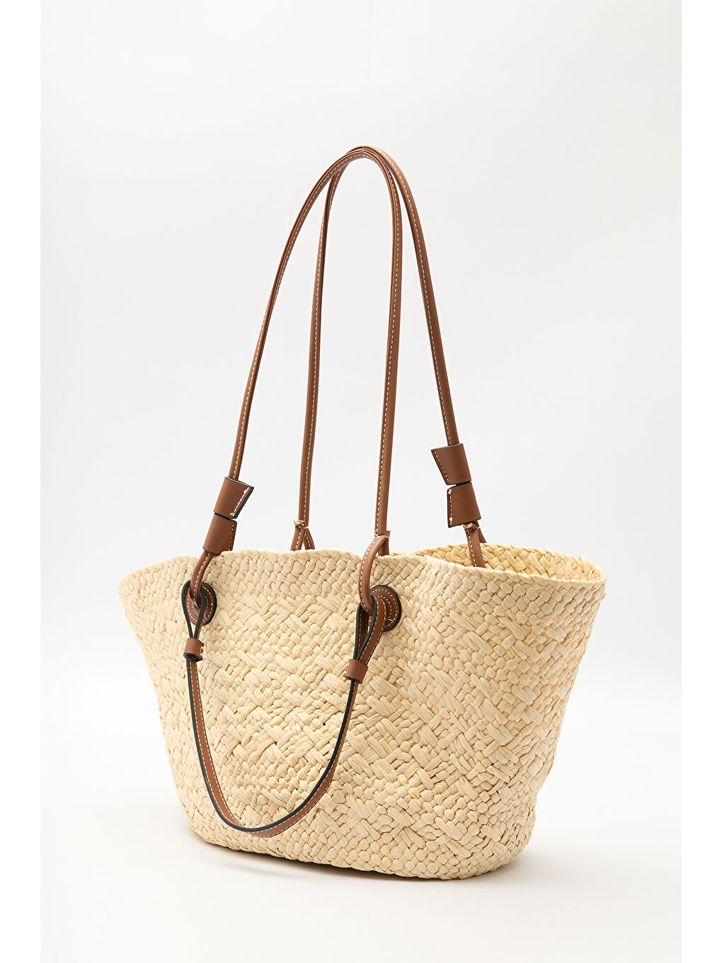 Deri Askılı Hasır Çanta Bej-5