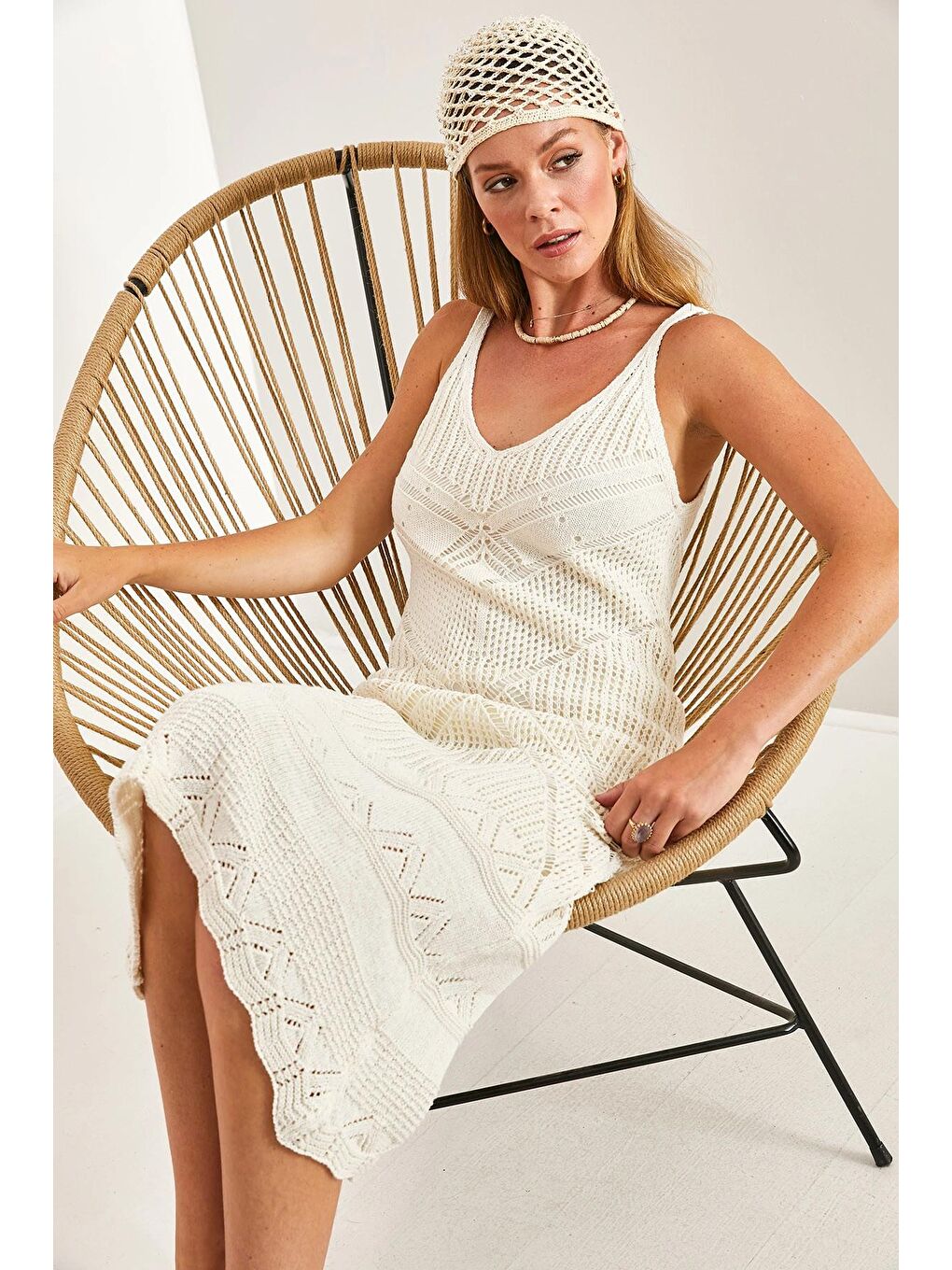 Ekru Kadın Askılı Desenli Elbise-2