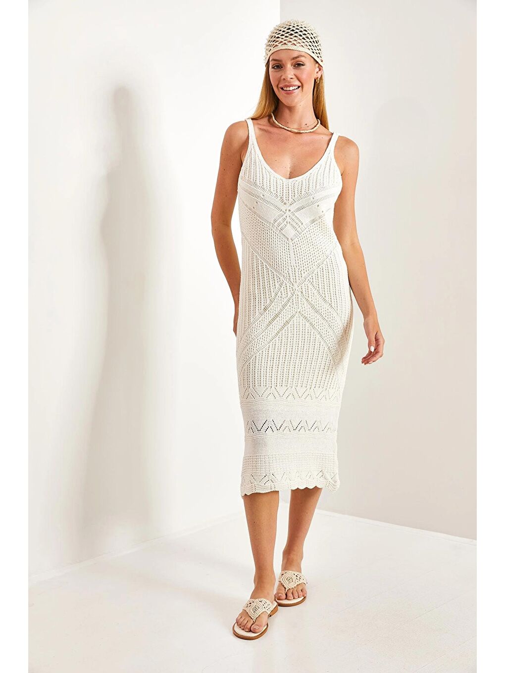 Ekru Kadın Askılı Desenli Elbise-3