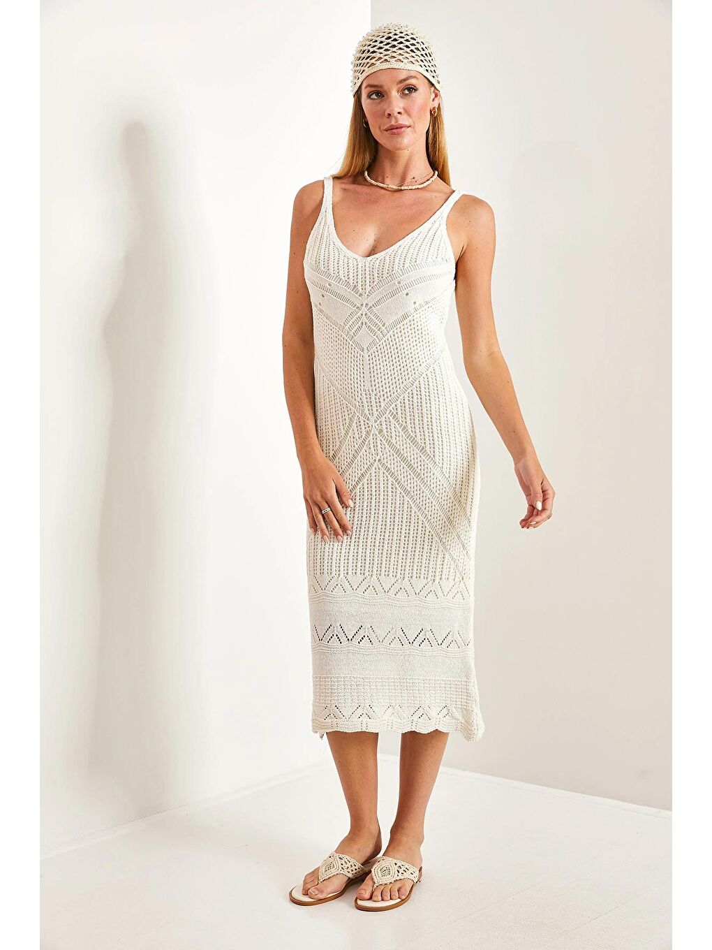 Ekru Kadın Askılı Desenli Elbise-4