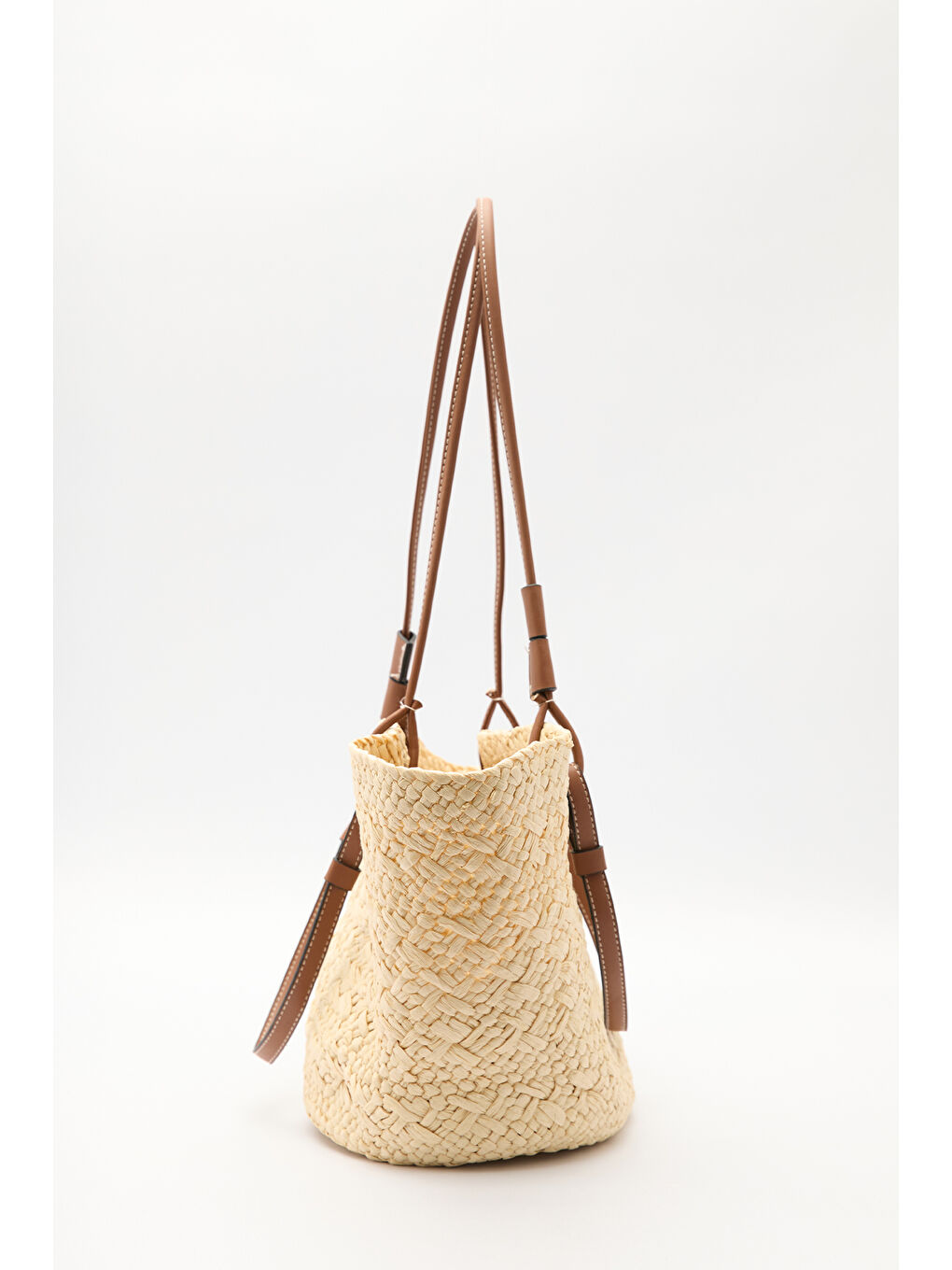 Deri Askılı Hasır Çanta Bej-6