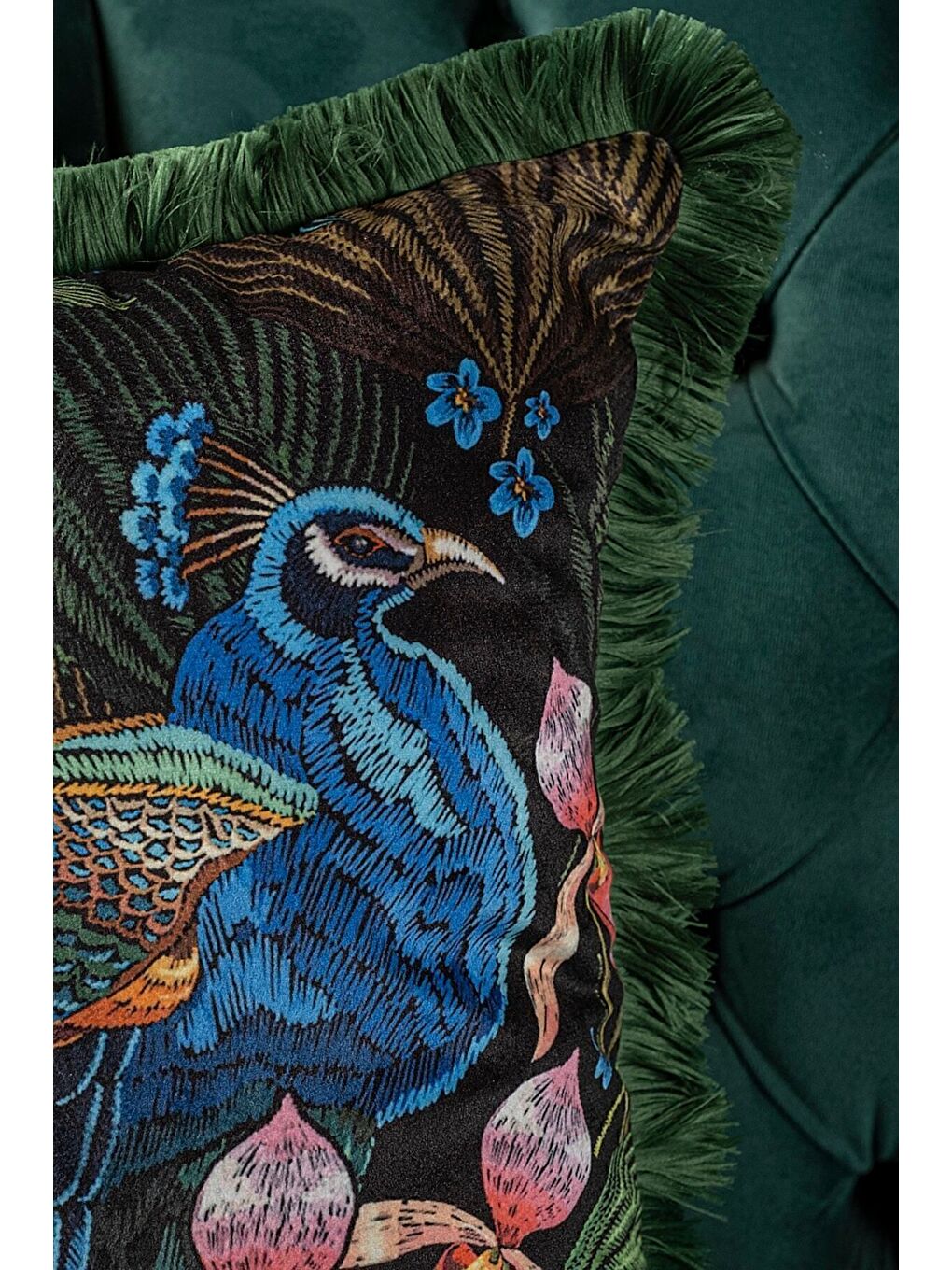 Lüks Kadife 43x43 Cm Kırlent Kılıfı Dekoratif Avangart Saçaklı Yeşil Siyah-7