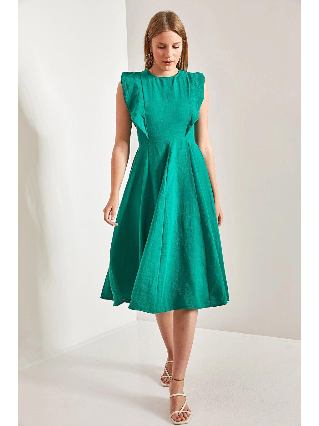 Yeşil Kadın Yakası Fırfırlı Keten Elbise-2