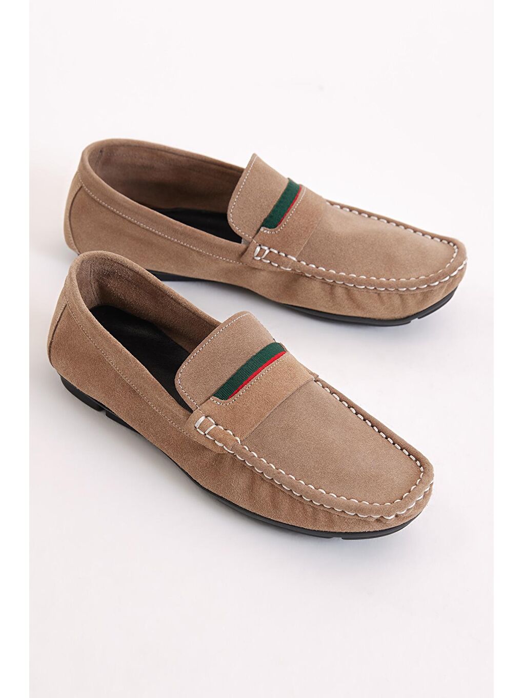 Bej Erkek Kum Önü ve Arkası Şeritli Süet Hakiki Deri Loafer