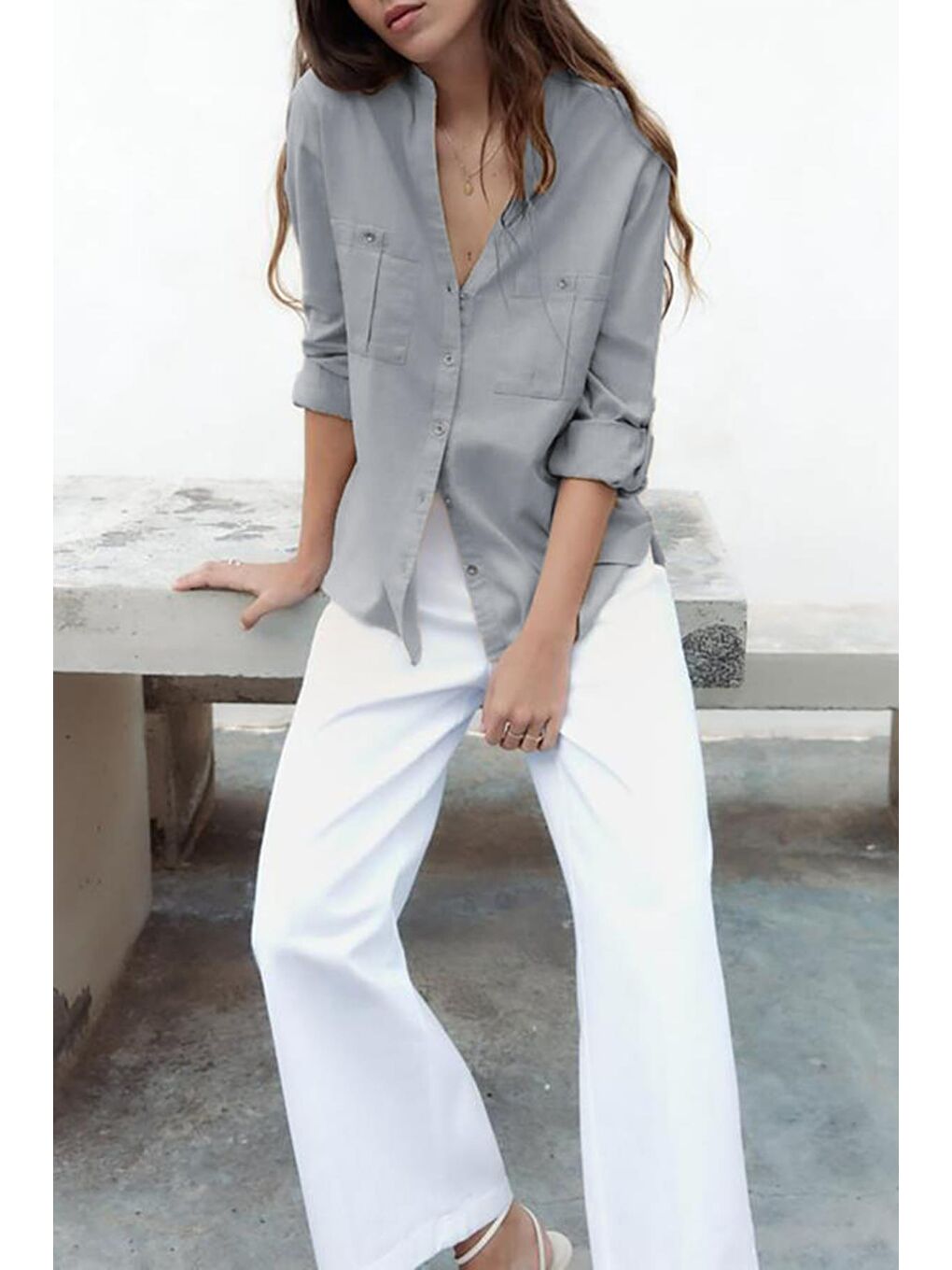 Gri Katlamalı Kollu Keten Görünümlü Kadın Gömlek Mg1847-1