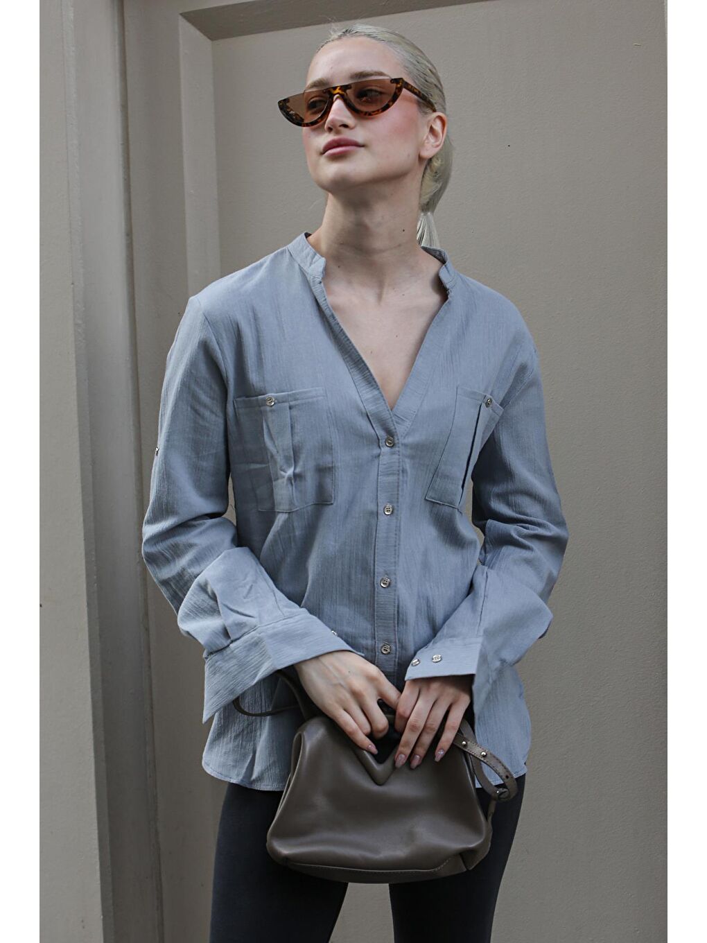 Gri Katlamalı Kollu Keten Görünümlü Kadın Gömlek Mg1847-2