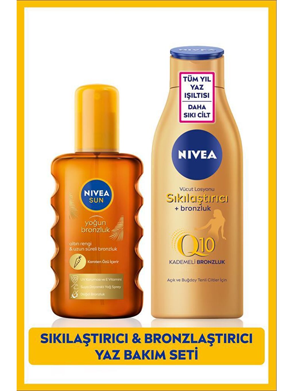 NIVEA SUN Yoğun Bronzlaştırıcı Güneş Spreyi 200ml ve Q10 Sıkılaştırıcı Vücut Losyonu 200ml, Çanta Hediyeli