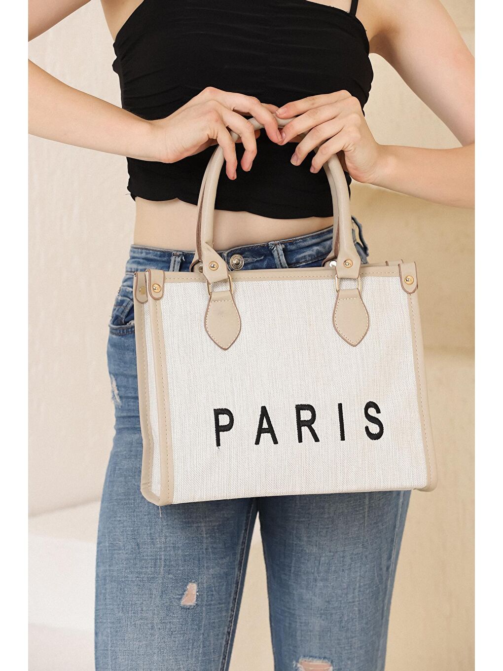 Bej Vizon Kanvas Tote Omuz Çantası