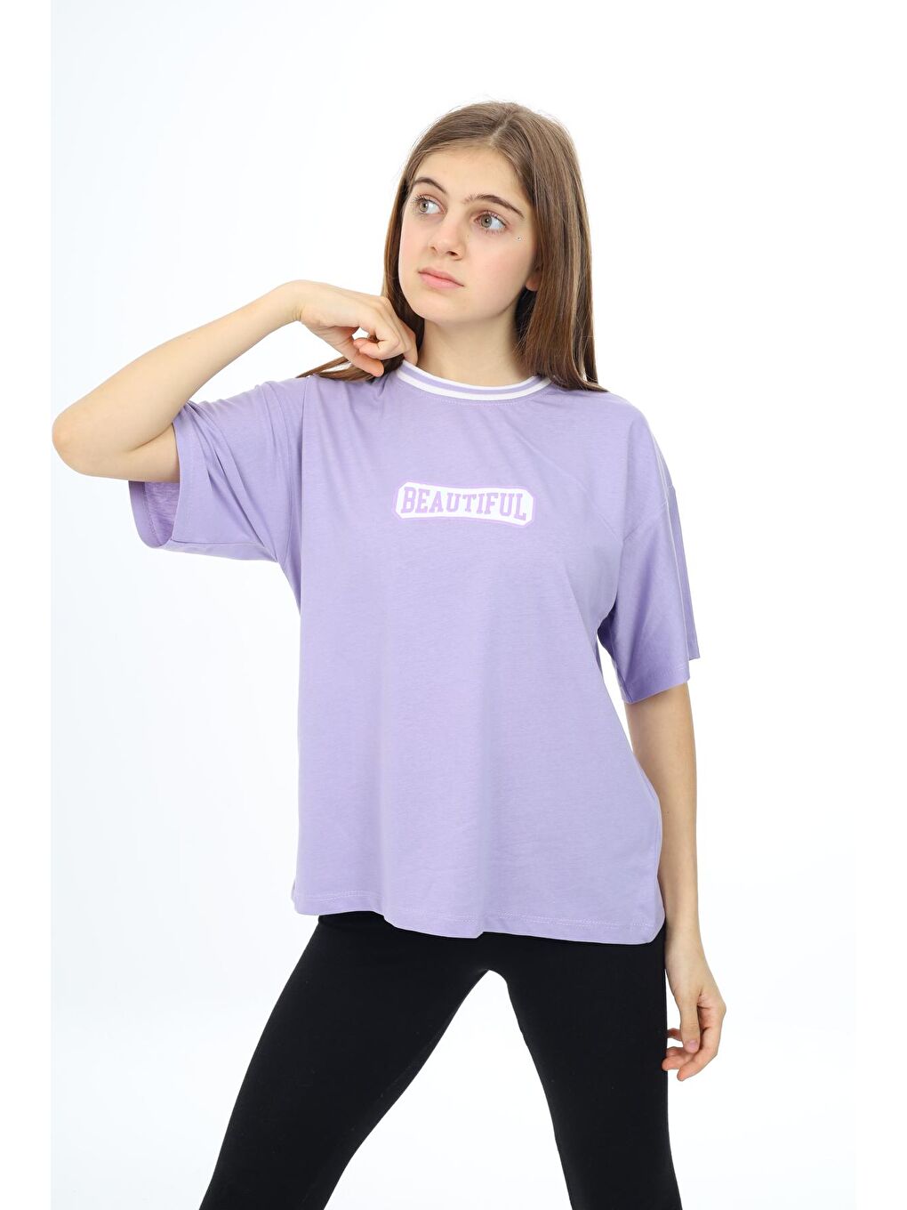 Lila Kız Çocuk Yaka Ribanalı Yazı Baskılı T-Shirt 9-14 Yaş Lx5020